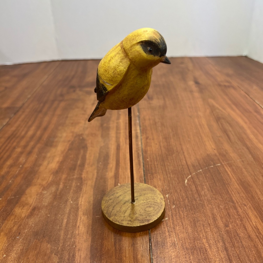 SCF Hand Carved Wooden Yellow Bird Figurine on Metal Stand Rustic Decor